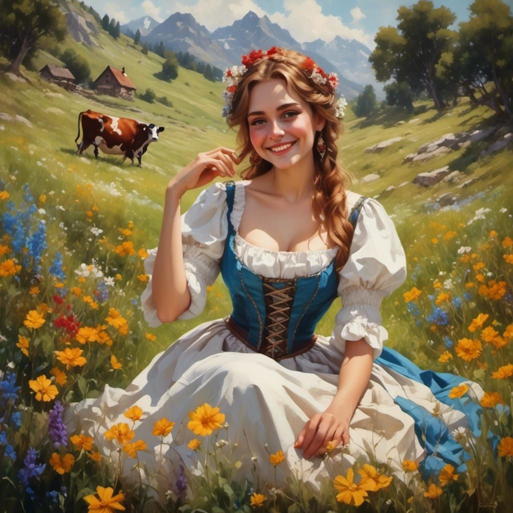 Woman in Swiss Costume in Flower Meadow