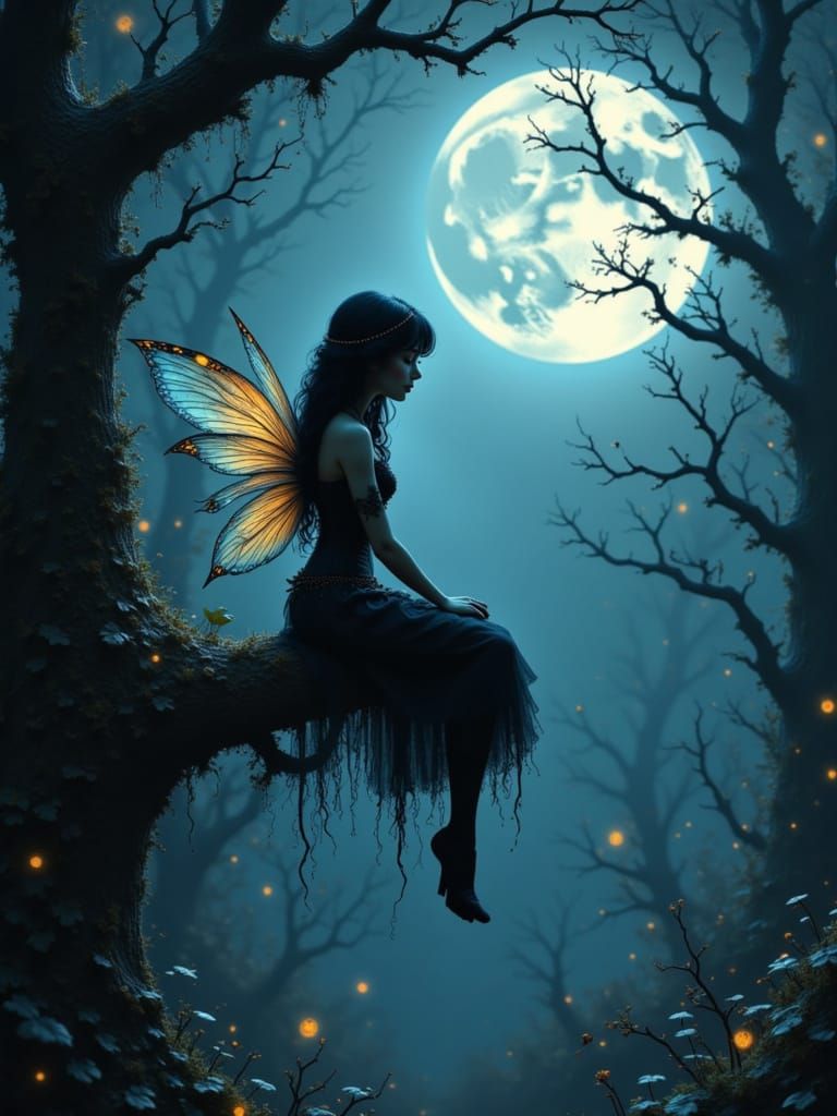 <lora:Silhouettes:1.0> <lora:Baroque steampunk:1.0> A tiny, melancholic sprite with iridescent wings rests on a dew-kiss...