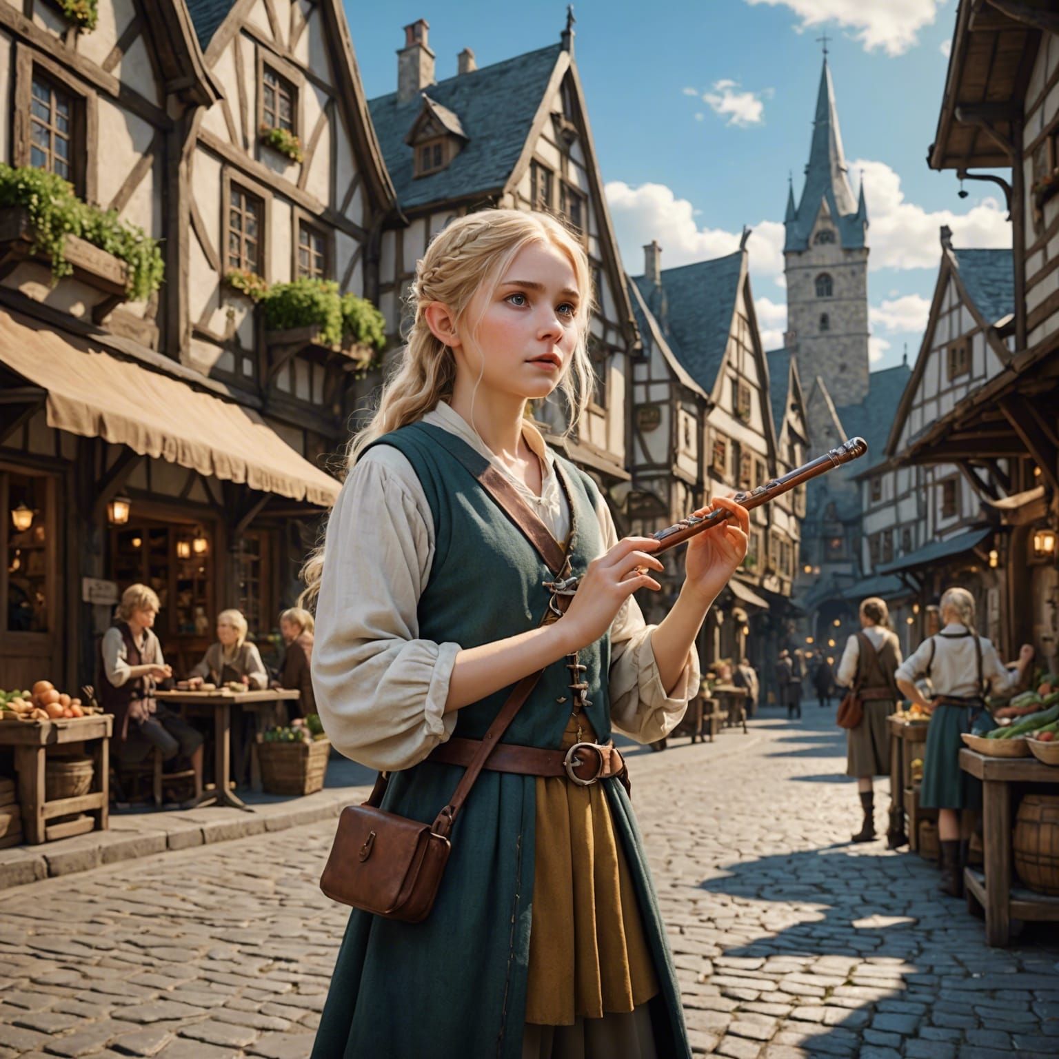 Hobbit Flute Player in Fantasy Town, Anime Art