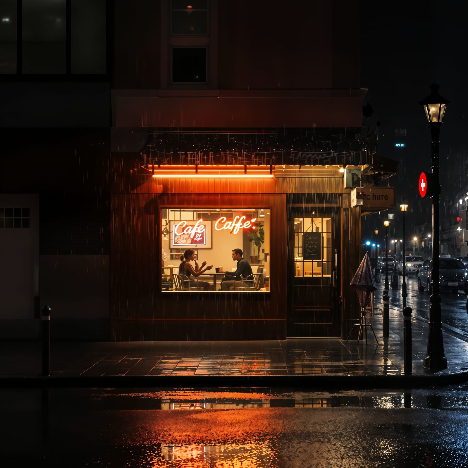 Cinematic Midnight Café Scene in Soft Rain