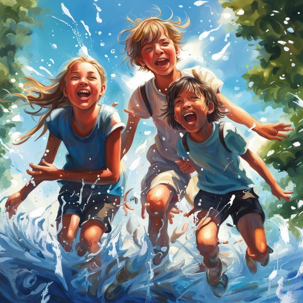 Children's Joyful Pond Play in Hyperrealistic Style