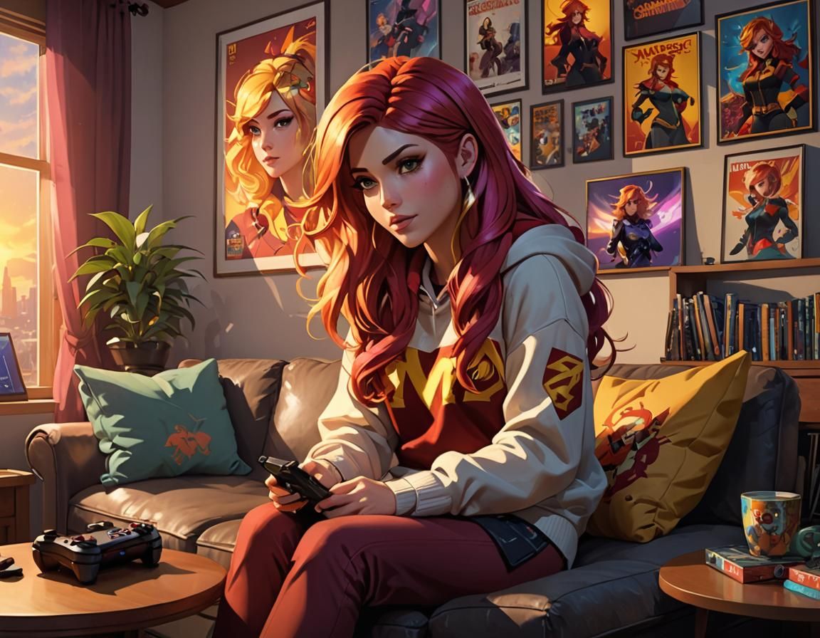 Gamer Girl Portrait with Anime Decor, Digital Art