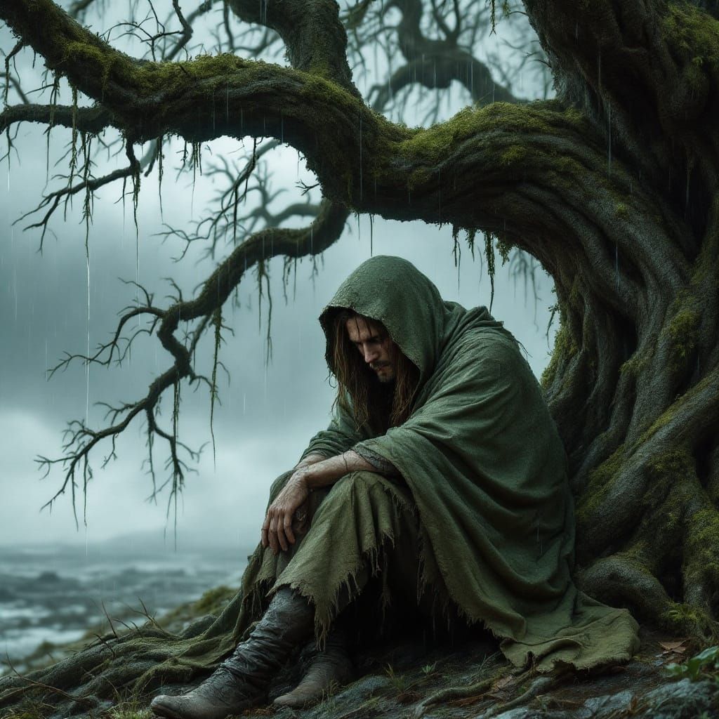 Man Sheltering Under Willow Tree in Storm