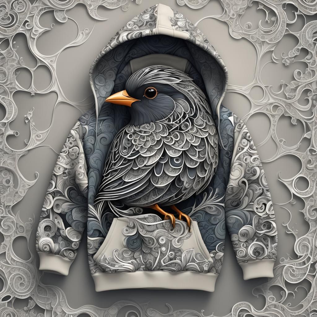 Small Bird in Hoodie with Fractal Zentangle Design
