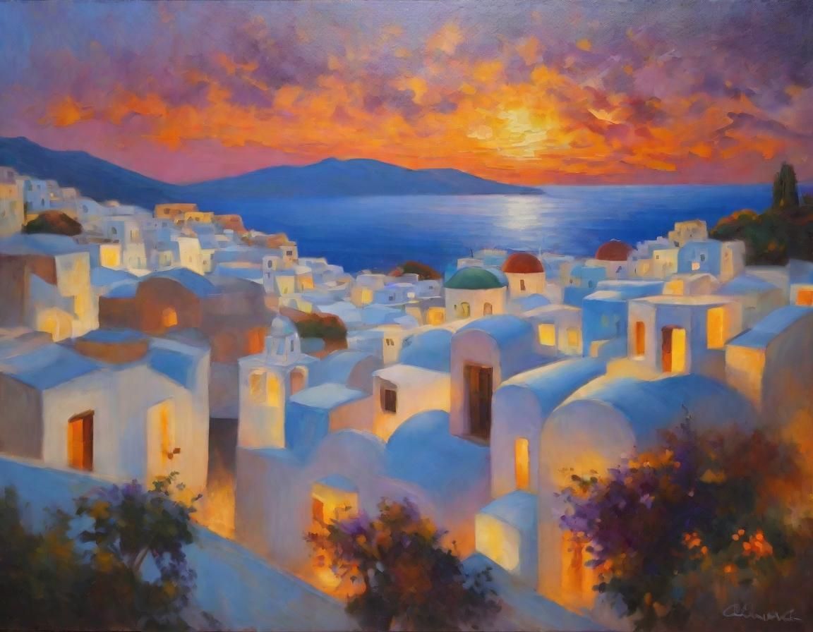 Santorini Rooftops at Twilight: Impressionistic Oil Painting