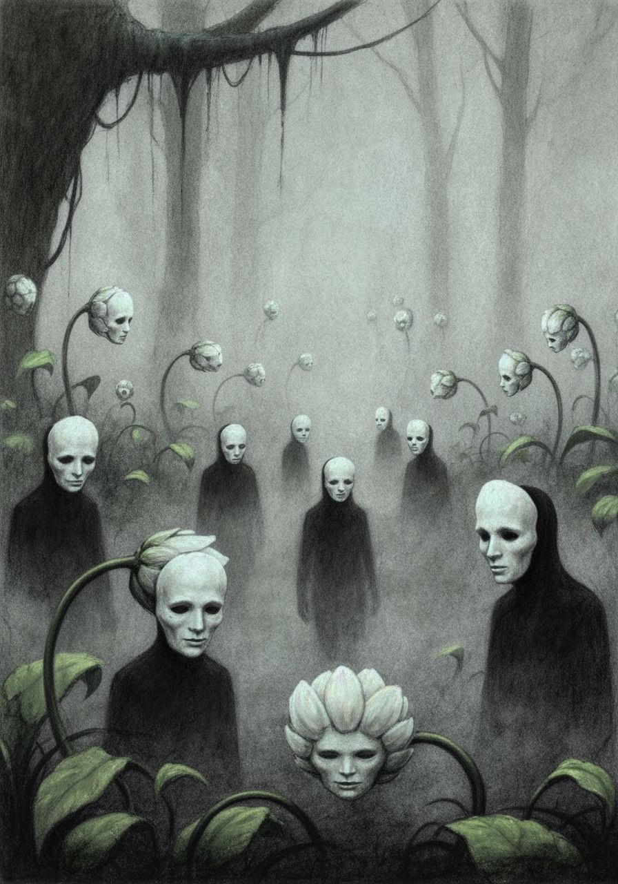 Twisted Swamp Flora with Human-like Masks in Charcoal and Pa...