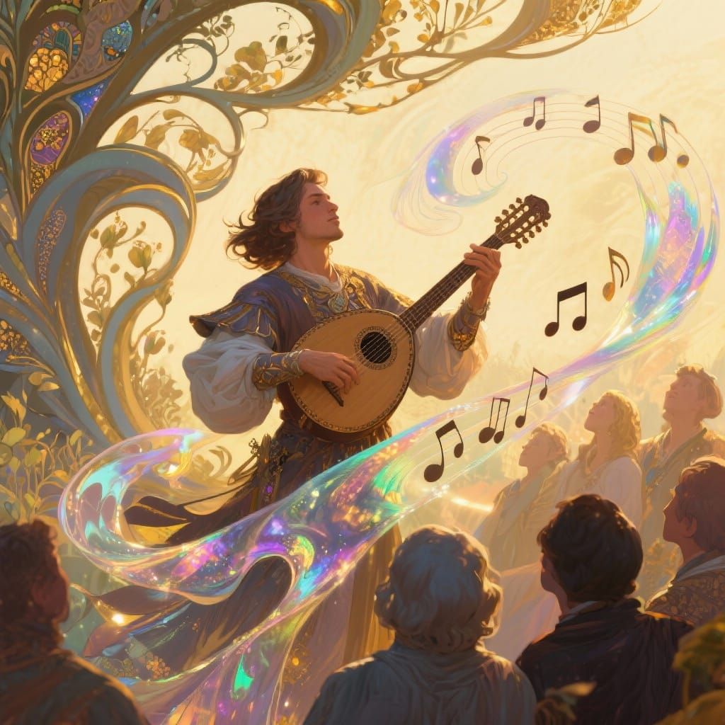 Charismatic Bard Entertains Crowd with Shimmering Music