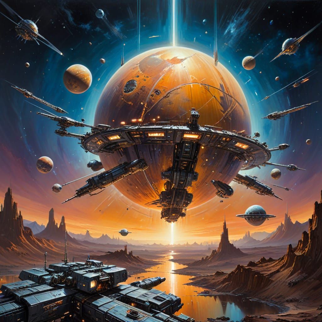 Vibrant Space Stations in Oil Painting Style