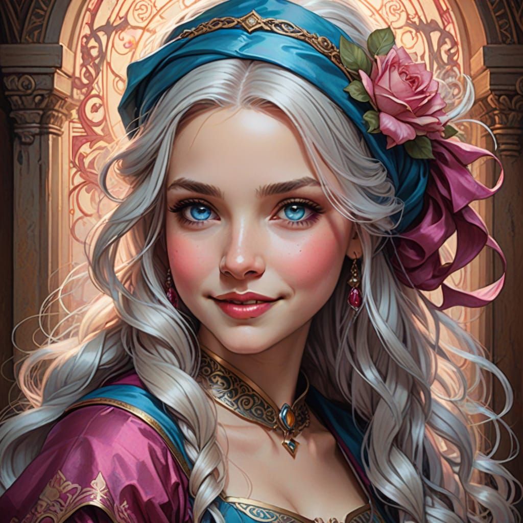 Medieval Girl with White Hair in Braid - Realistic Colored P...