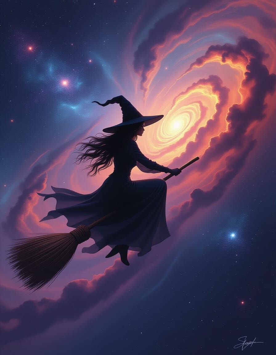 Witch Riding Spectral Broom Through Cosmic Nebula