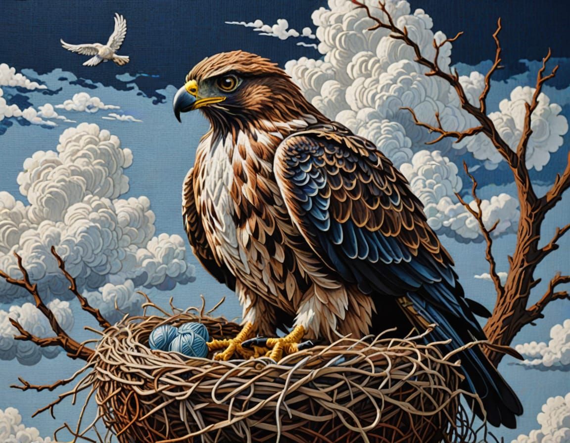 Embroidered Needlepoint Hawk on Nest Macro Shot