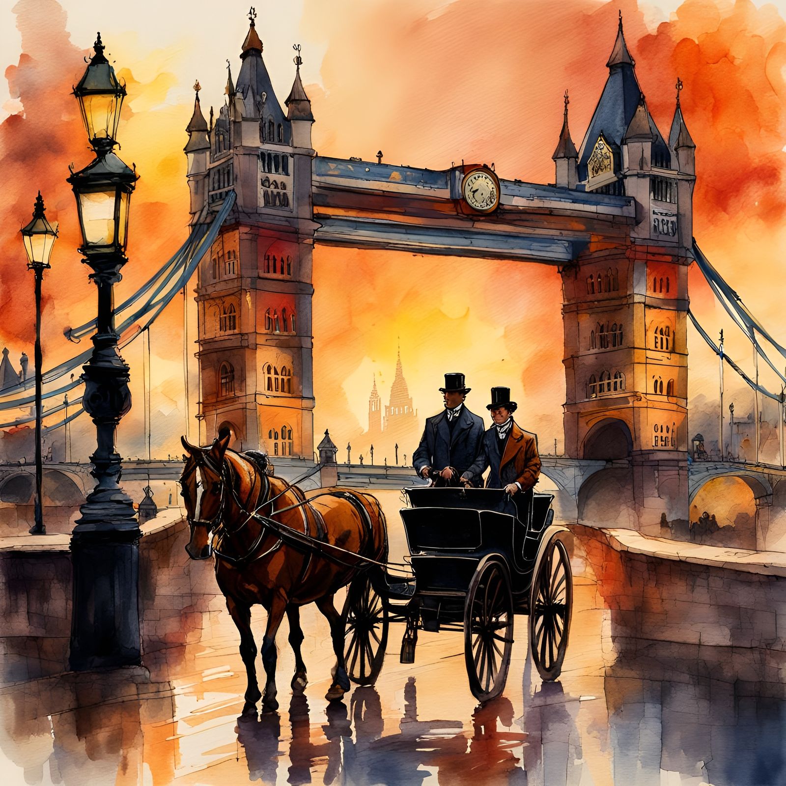 Horse and Buggy Cross London Bridge in Watercolor