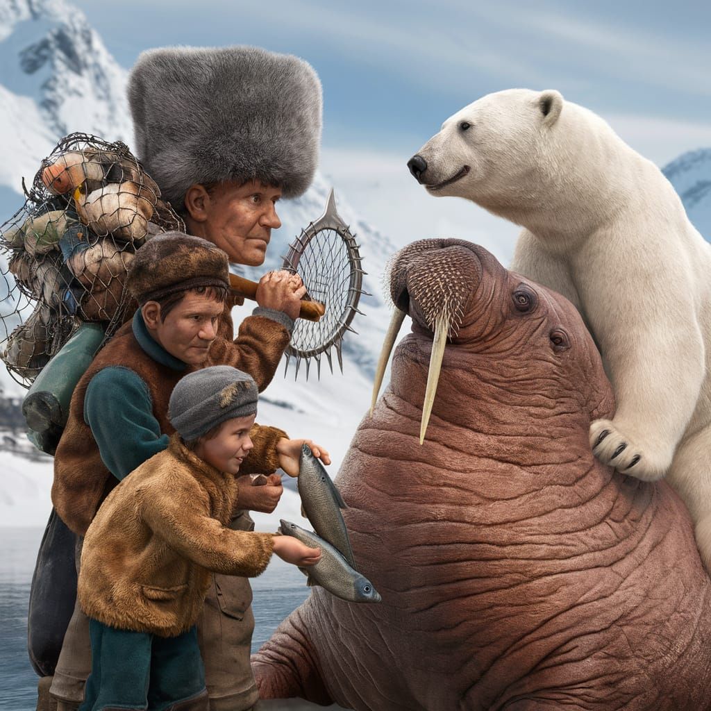 Hyper-Realistic Scene of a Fisherman and a Walrus-Polar Bear...