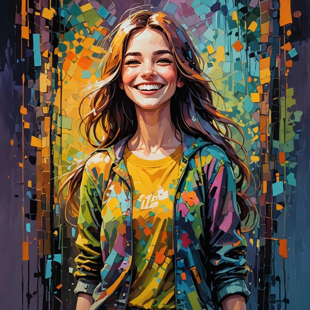 Cartoon Girl Smiling in Cool Colors, Impressionistic Style