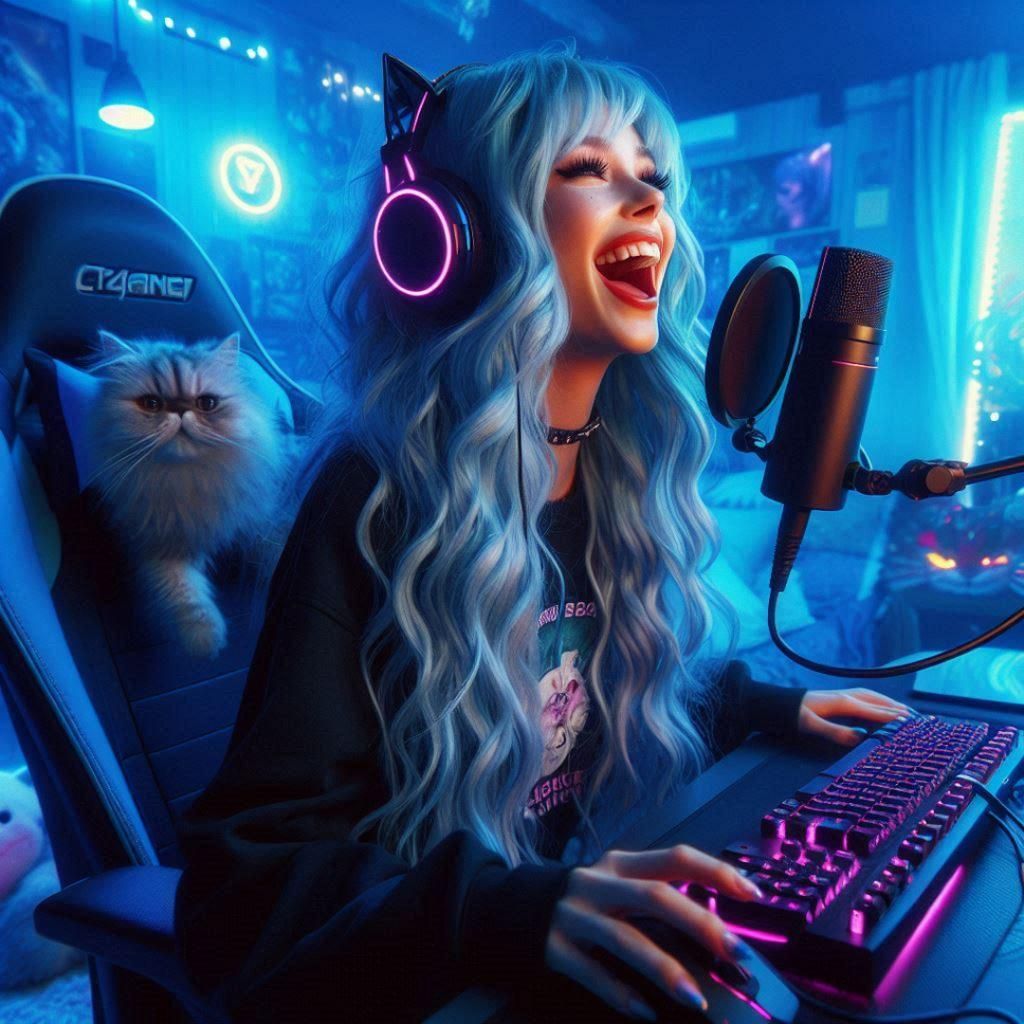 Girl Gamer in Neon Bedroom with Cat Headphones