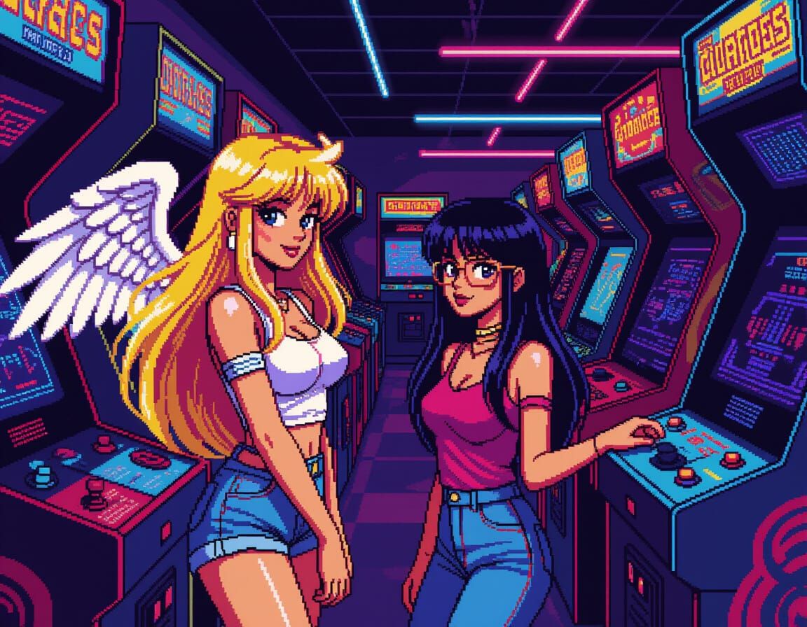 Women Playing Video Games in 1980s Neon Arcades