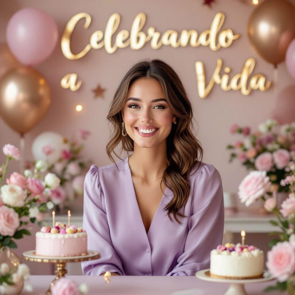 Smiling Woman in Lilac Blouse Birthday Studio Portrait
