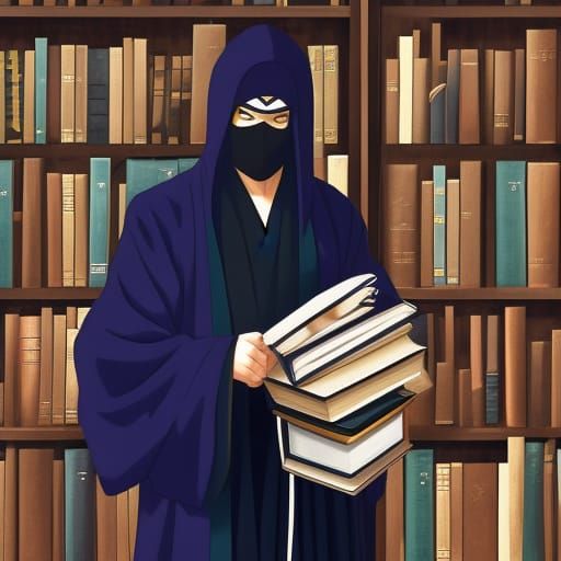 Anime Ninja Student in School Library, Ghibli Style