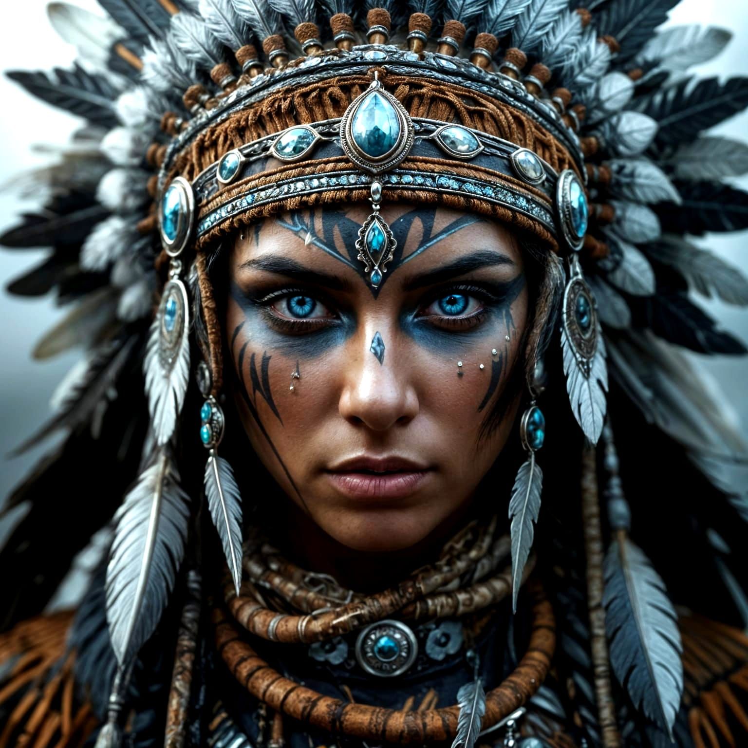 Native American Woman in Headdress with Feathers and Silver ...