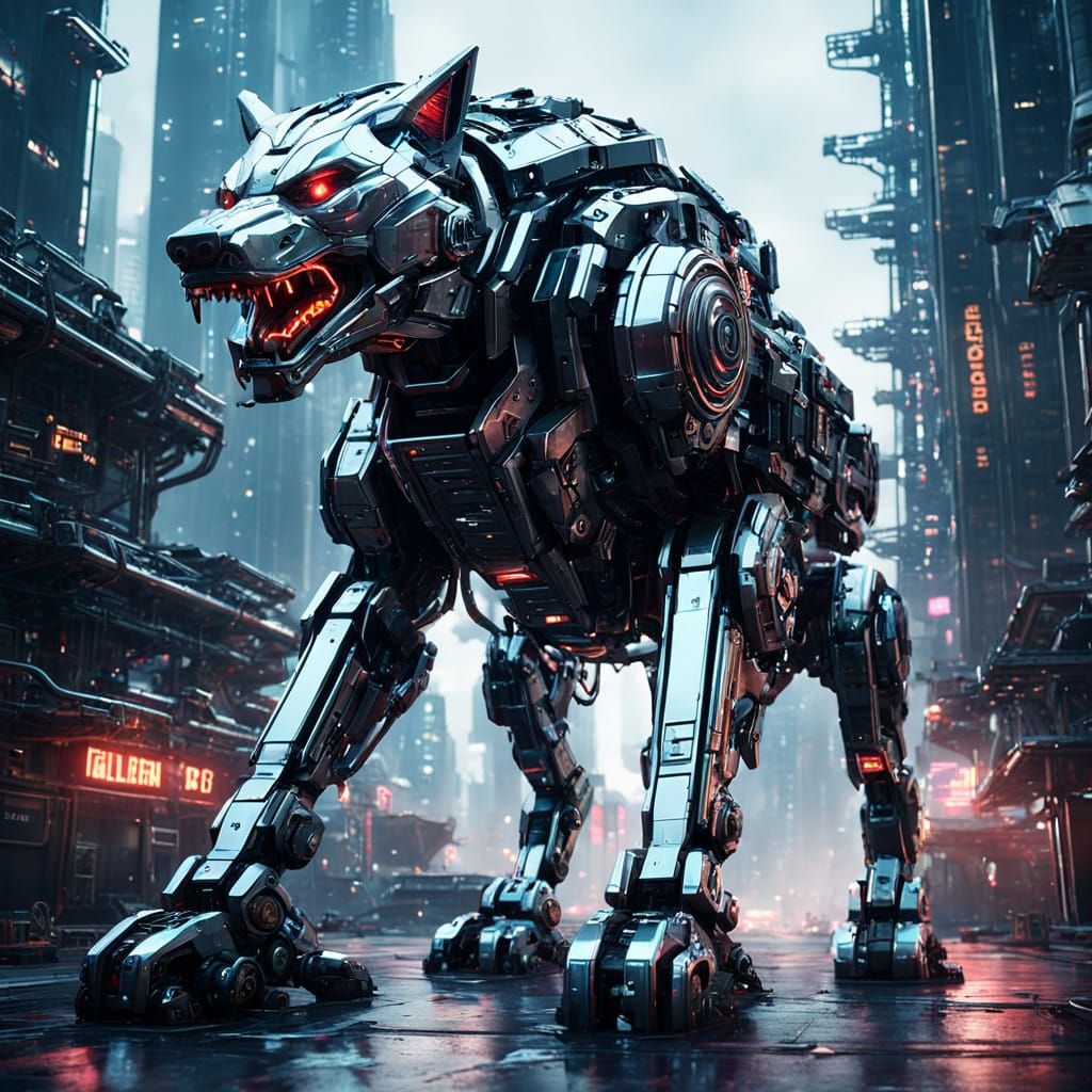 Cyberpunk Metal Wolves in a Futuristic Cityscape