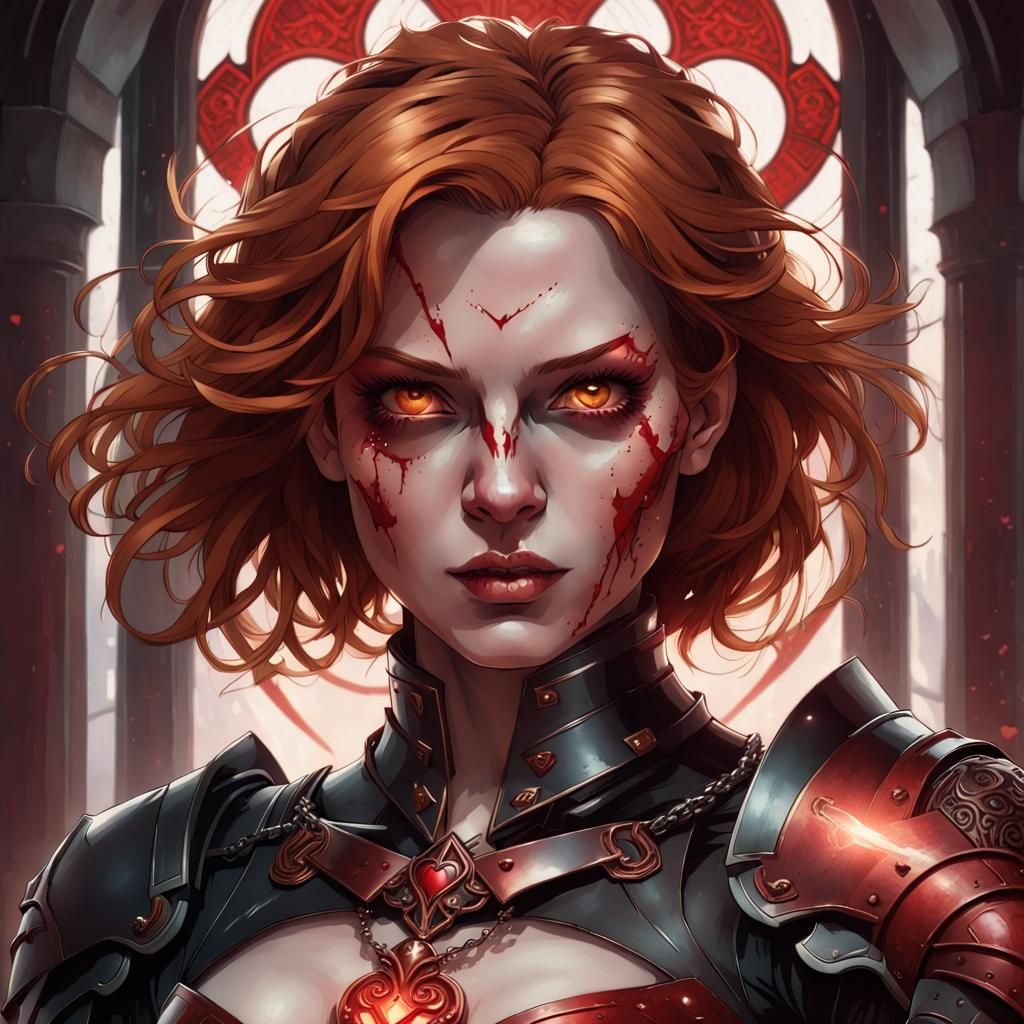 Demonic Ginger Woman in Armor: Hyperdetailed Portrait