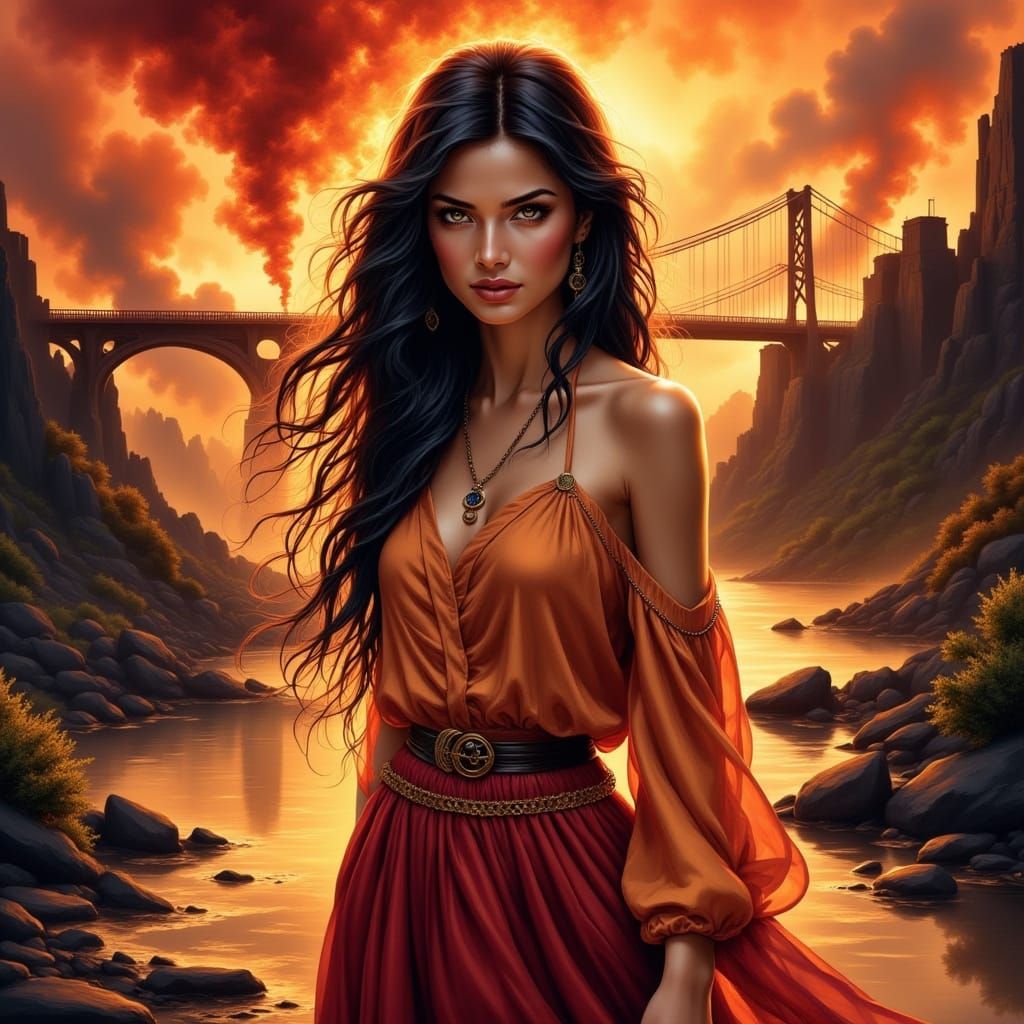 Ethereal Woman Walks Fiery Path in Fairytale Illustration