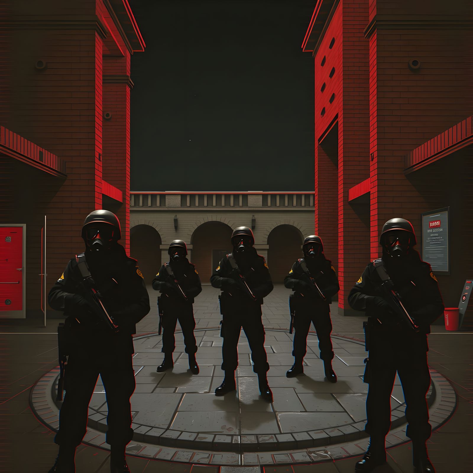 Dark Glitch Art Brutalist Soldiers in Red VHS Effect