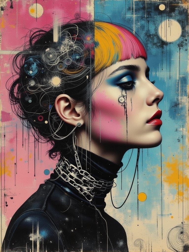 Gothic Portrait of a Melancholic Woman in Mixed Media Style