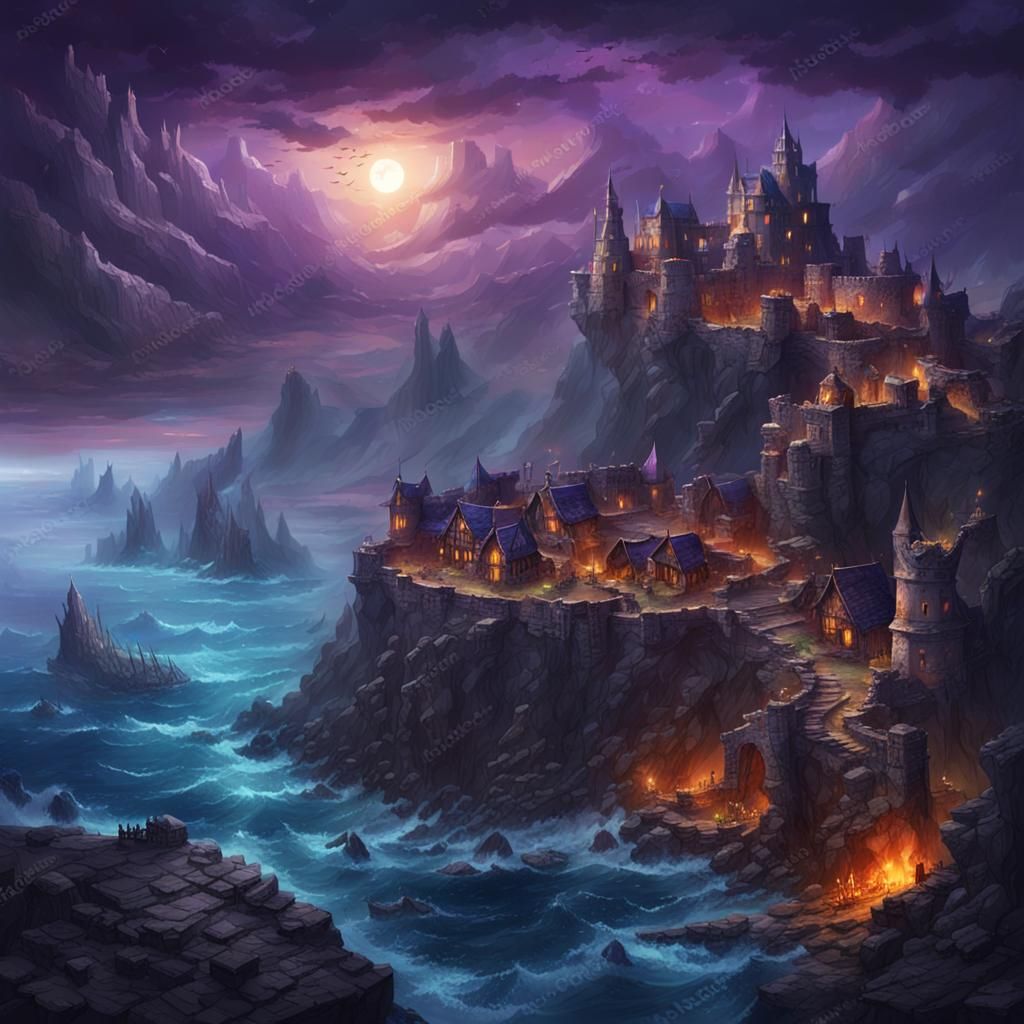 Ruined Elven Village on Sea Cliff in Dark Fantasy Style