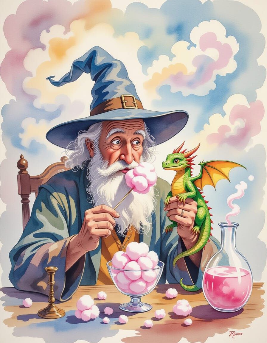 Surreal Wizard Eats Cotton Candy in Magical Lab