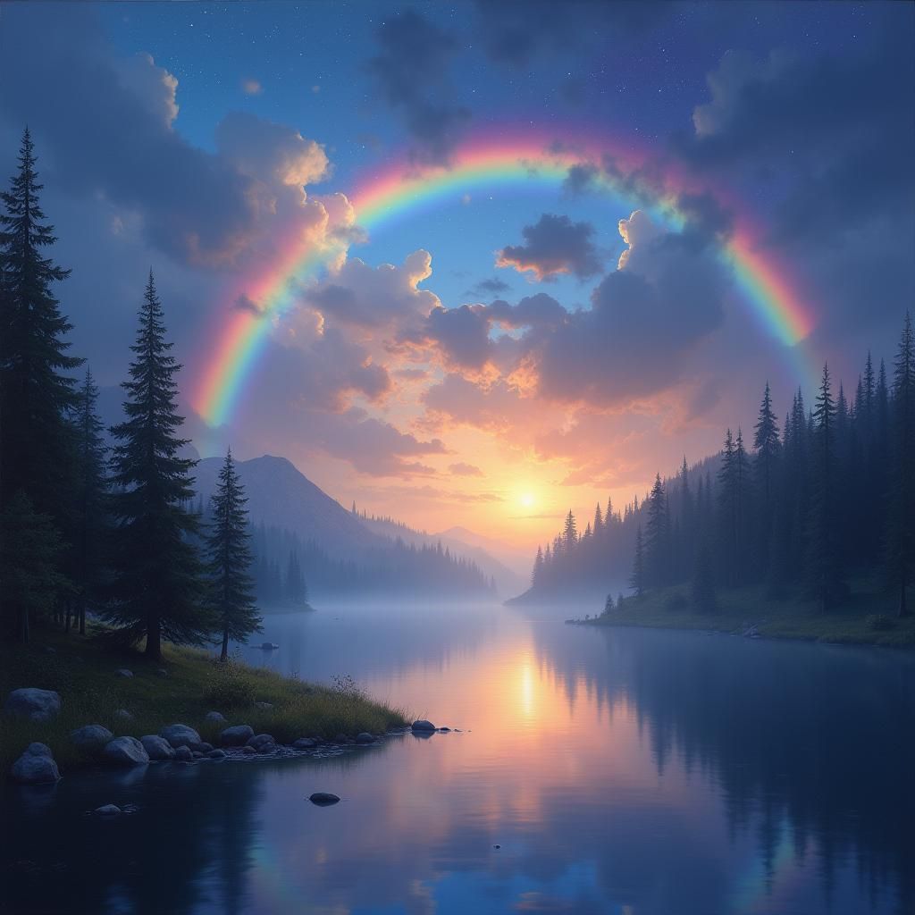 Rainbow Over Lake at Night in Luminism Style