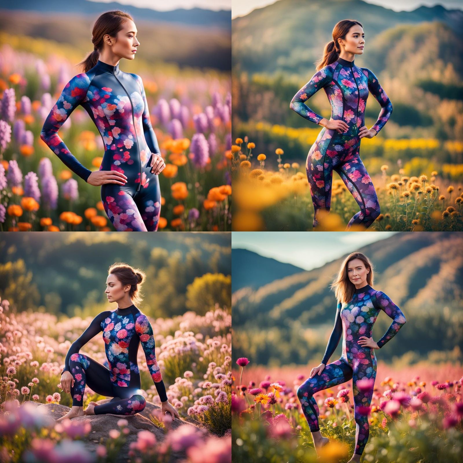 Woman in Spandex Unitard on Flowered Landscape