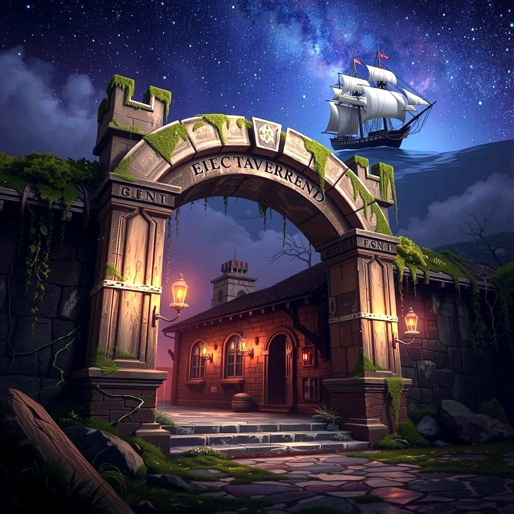 Ancient Archway to Tavern Under Cosmic Sky Digital Painting