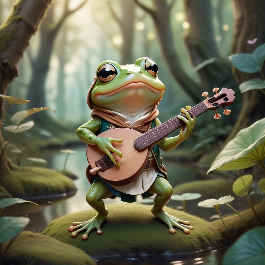 Whimsical Frog Bard in Magical Forest
