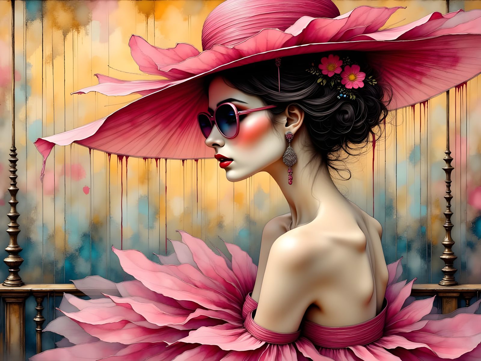 Elegant Woman in Pink Dress with Sunhat and Sunglasses in Ab...