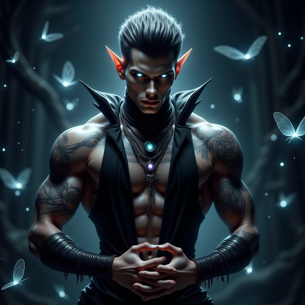 <lora:BeautifulFairyFlux:1.0> A statuesque, androgynous figure with a chiseled, athletic build, fusion of sharp, angular...