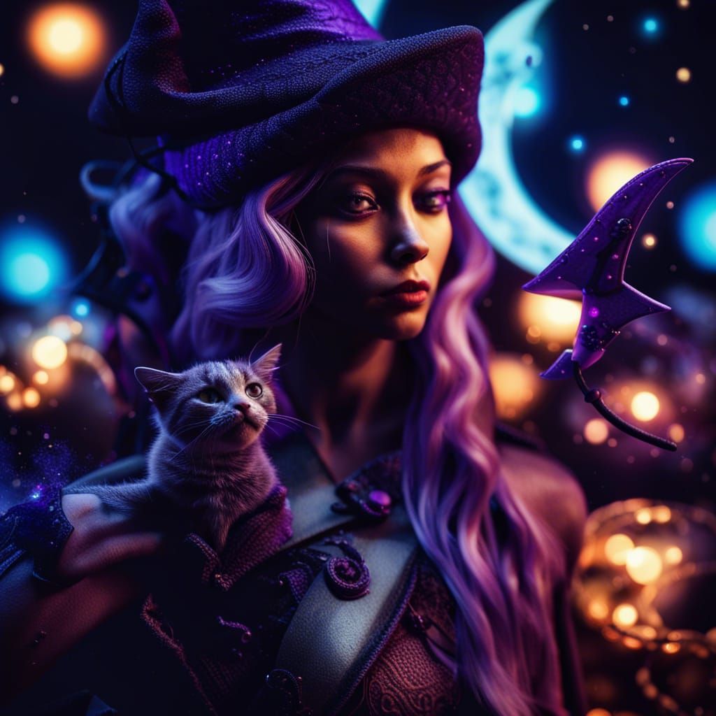 Whimsical Witch and Cat Soaring Past Crescent Moon