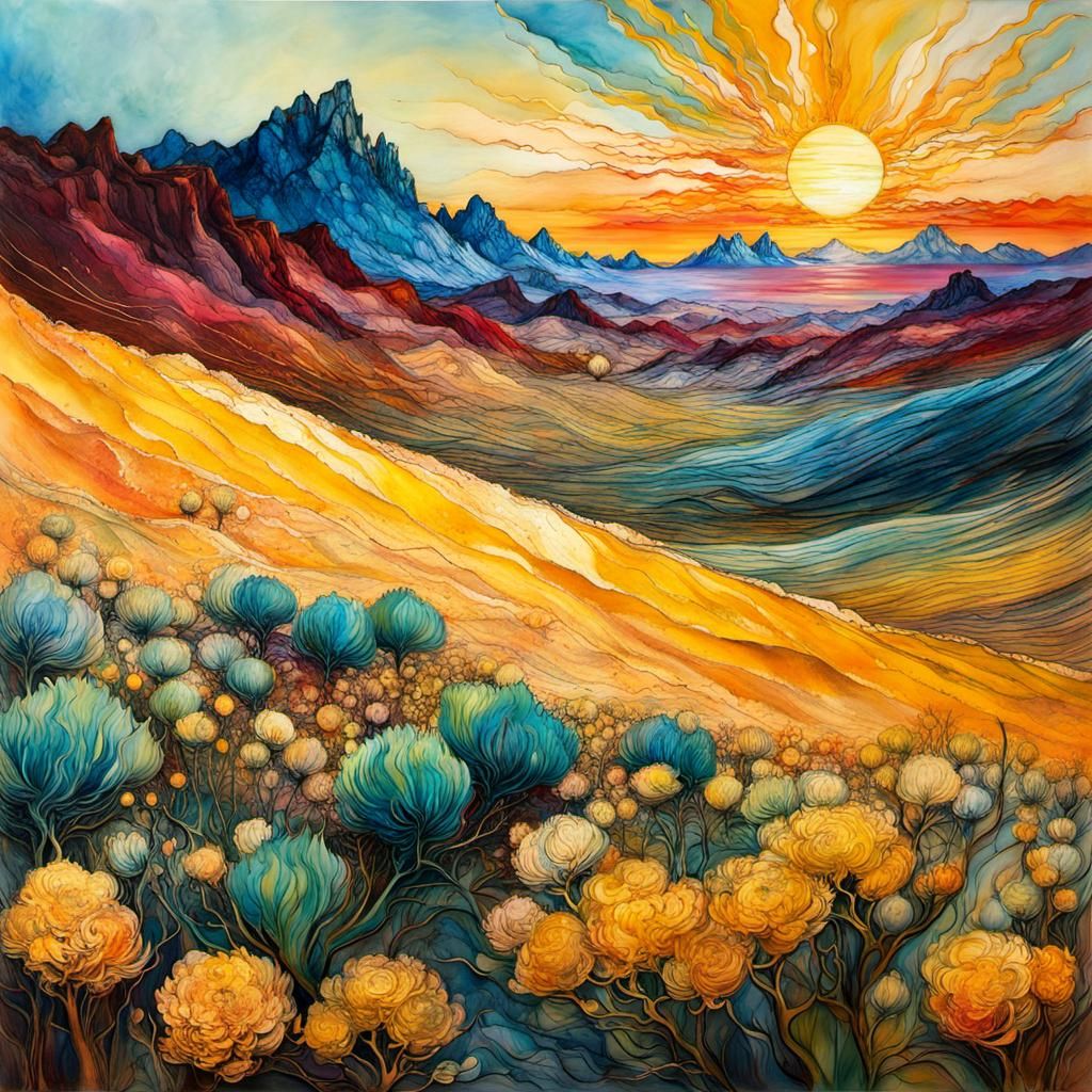 Chaotic Encaustic Desert Sunset Inspired by Van Gogh