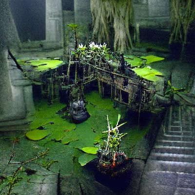 Overgrown Temple in Dark Swamp Landscape
