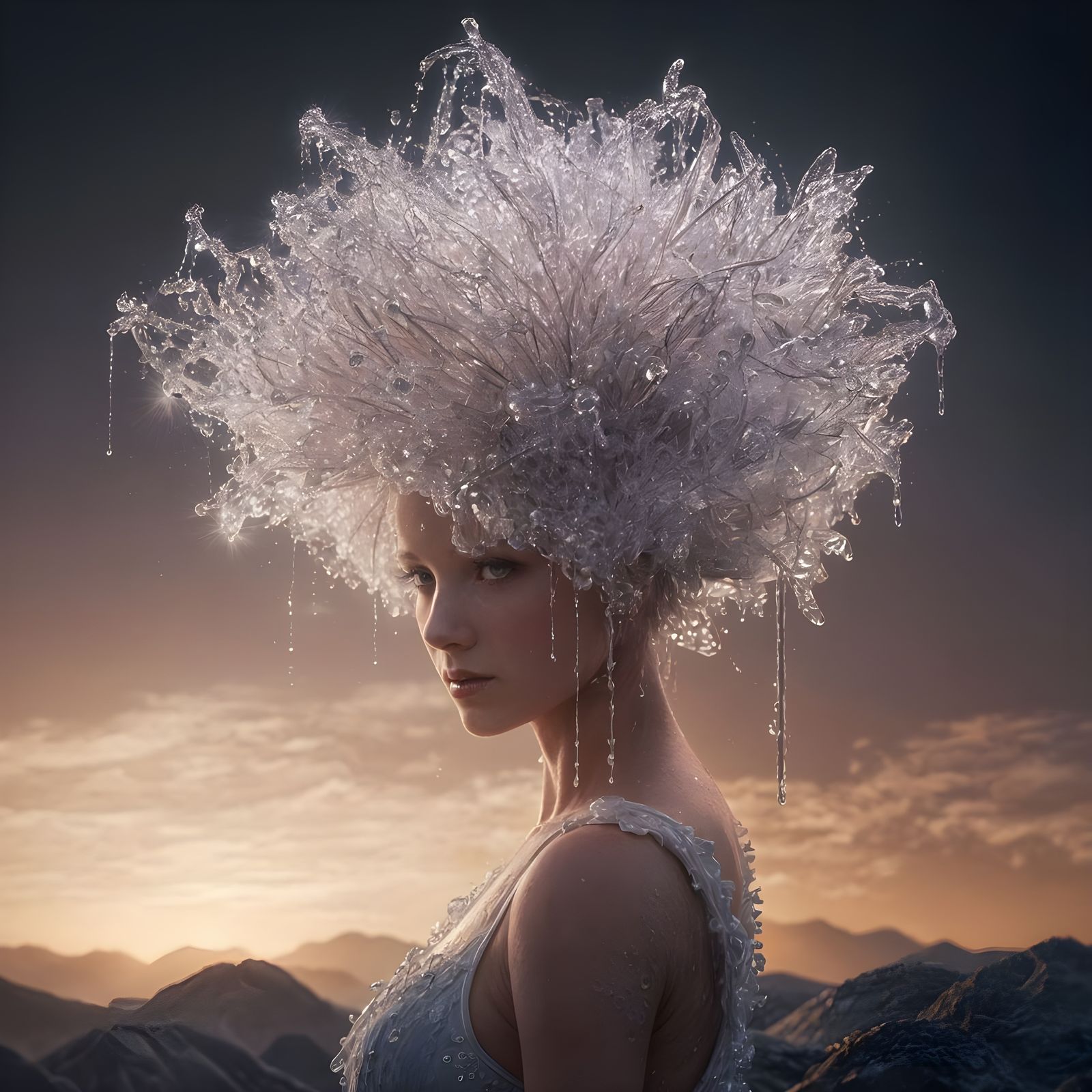 Water Nymph Emerging from a Blossoming Flower in Sunrise Haz...