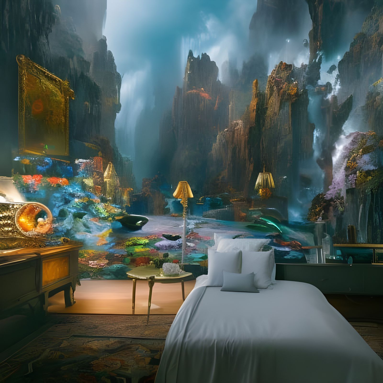 Dreamy Bedroom with Opium Headboard, Surreal Abstract Art