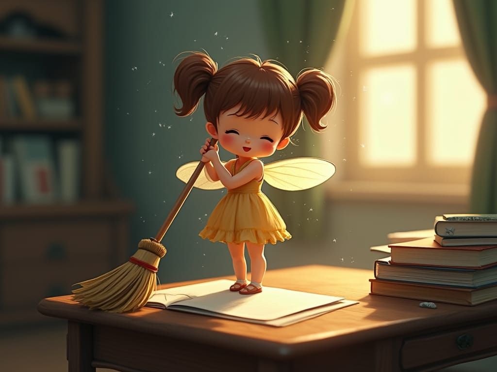 Pixie Sweeping Desk in Anime Style Digital Art
