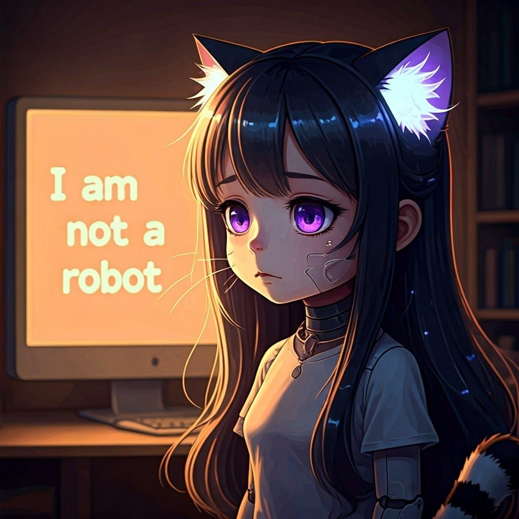 Android Catgirl Contemplates Existence in Cyberpunk Bedroom