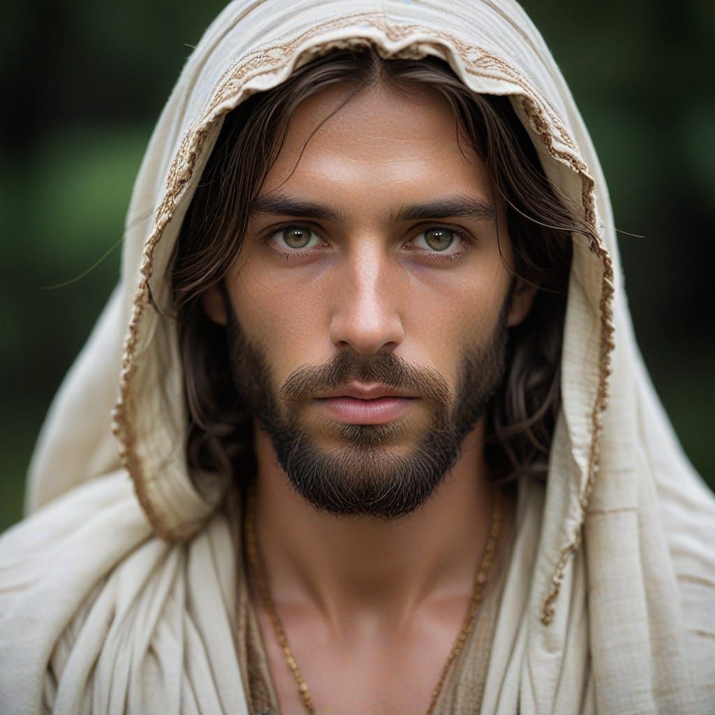 Serene Portrait of Jesus Christ in Earth-Toned Robes Engages...