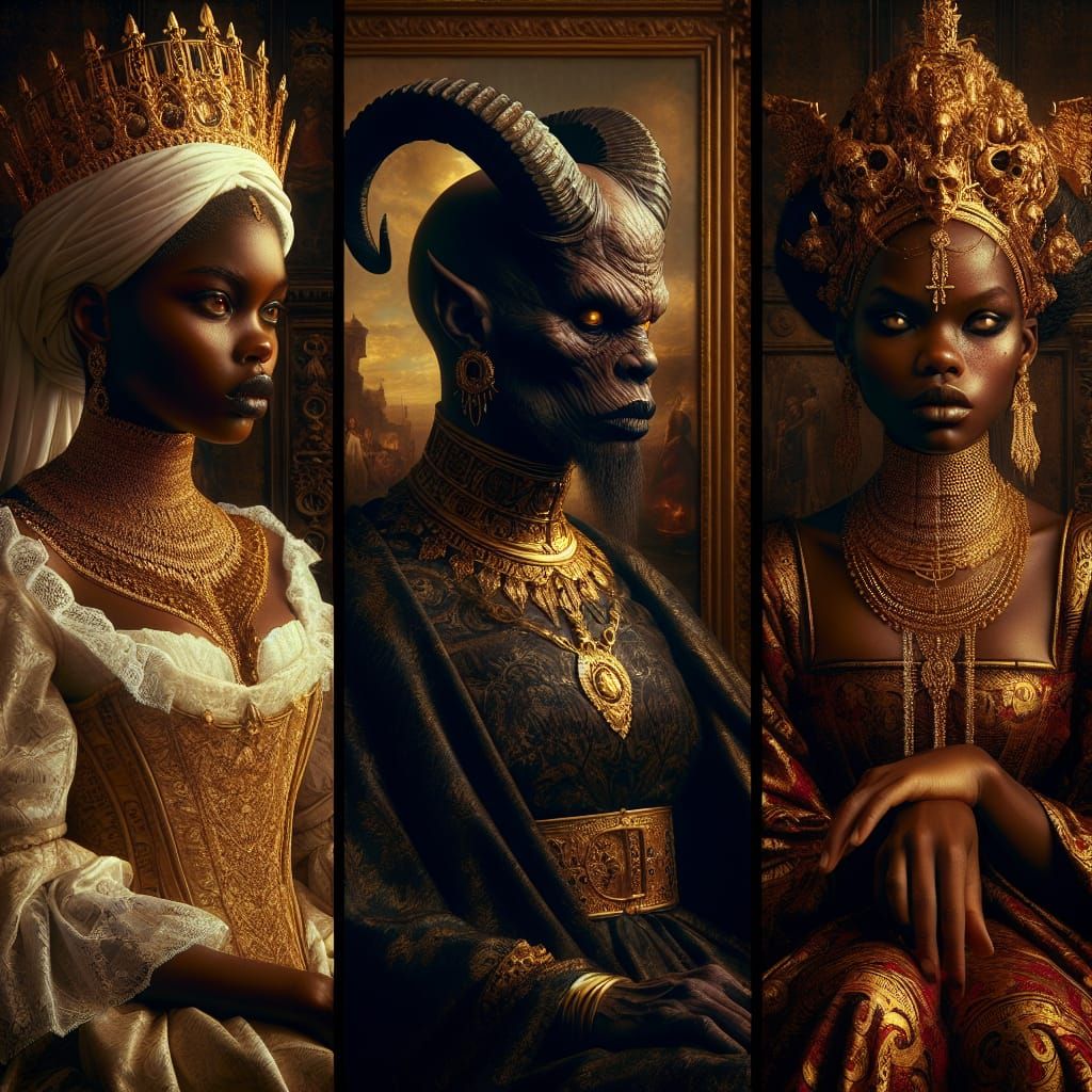 Elegant Drawing Room Scene with Divine, Demonic, and Spiritu...