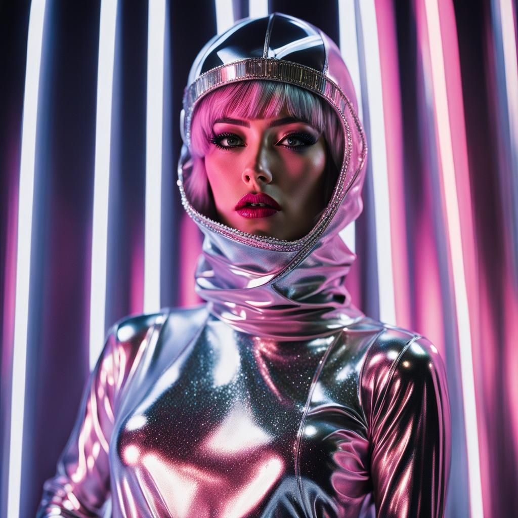 Amused Woman in Glittery Jumpsuit, Sorayama Style