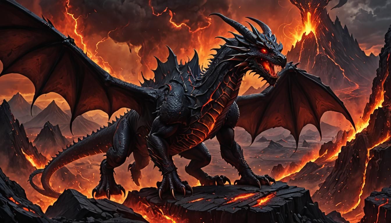 Dark Demon Dragon in Volcanic Fantasy Landscape