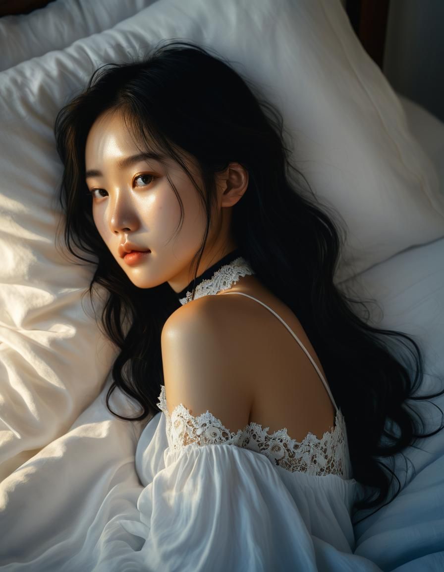 Korean Woman in Bed, Chiaroscuro Oil Painting