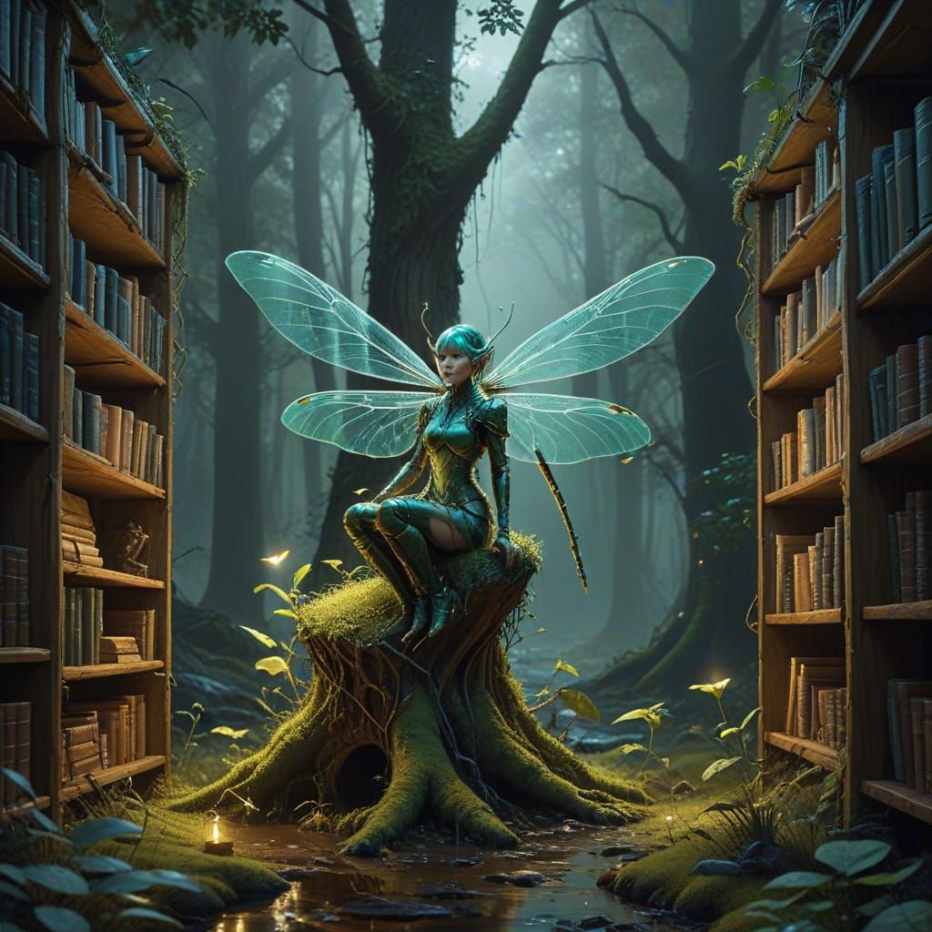 Whimsical Hyperrealistic Treehouse Library Scene in Forest S...