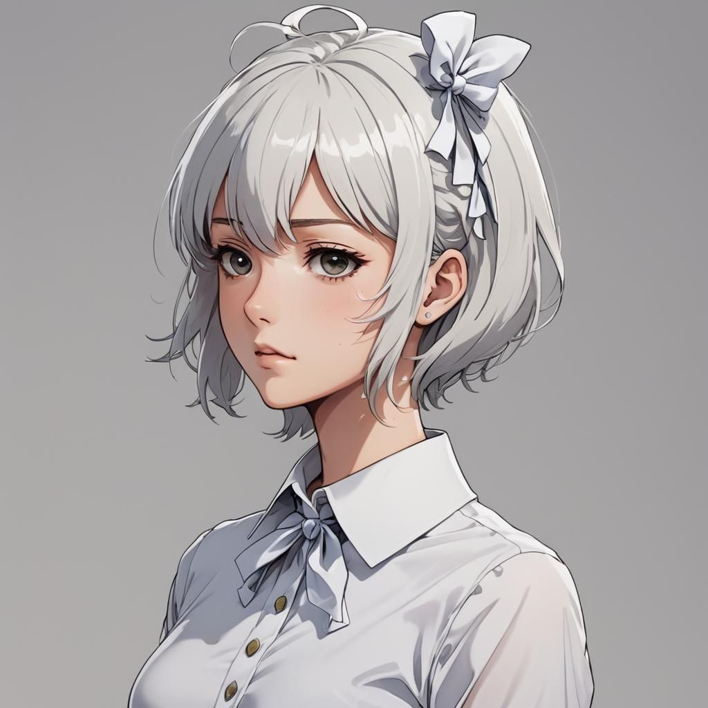 Worried Anime Girl with White Hair and Bow